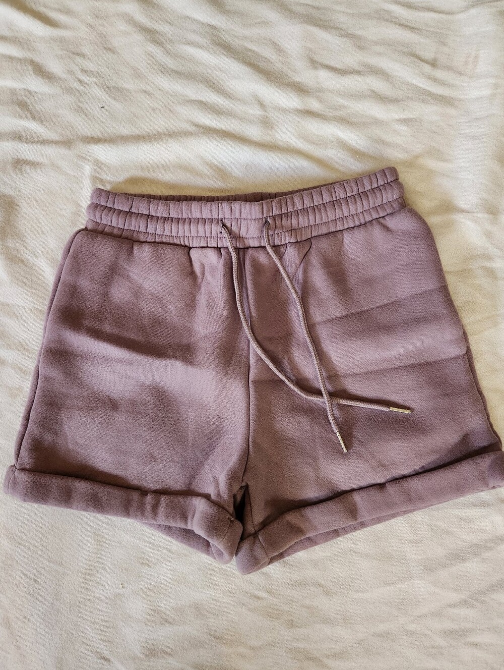 Mauve Fleece Lounge Shorts Drawstring Rolled Hem Size S Cotton Blend